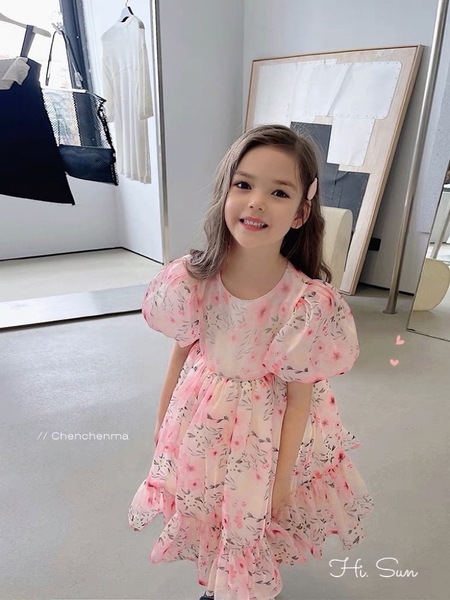 Váy tơ hoa tay bồng xoè tiểu thư s120