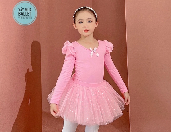 Set áo váy múa tiên nơ lưng sao dài tay (hồng, trắng)