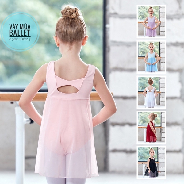 Váy tập múa ba lỗ phối voan dài thân (tím, xanh, hồng, đen)