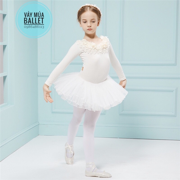 Váy múa cổ hoa ngọc dài tay (hồng, trắng, tím)