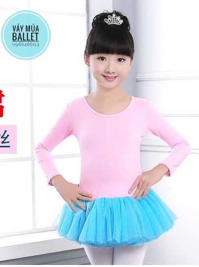 Váy múa nơ lưng phối màu dài tay (hồng, đen)