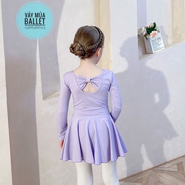 Váy tập múa cotton nơ lưng dài tay hồng