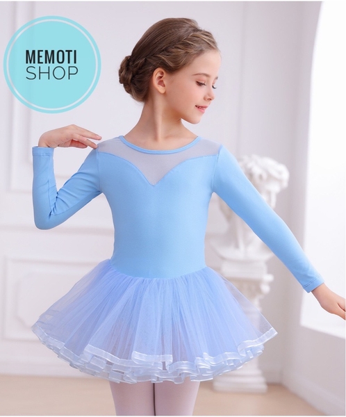 Váy múa V lưng viền dài tay (hồng, tím, xanh)