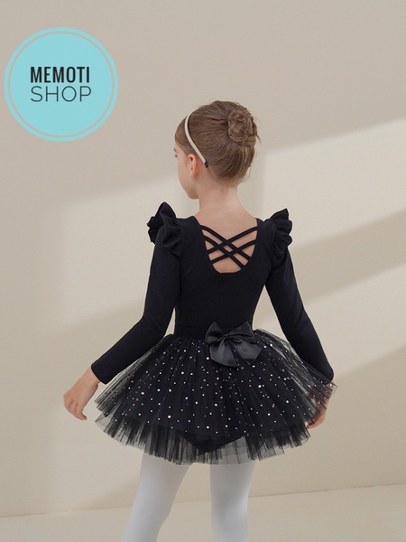 Set áo váy múa tiên đan sao dài tay đen