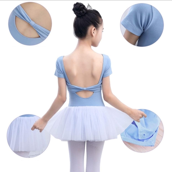 Váy múa tay ngắn nơ lưng voan mềm