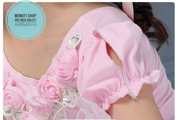 Váy múa cổ hoa hồng tay búp xẻ (hồng, kem nude)