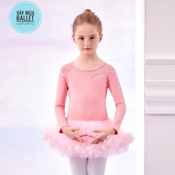 Váy múa phối ren tutu dài (hồng đỏ, hồng cam)