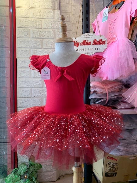 Váy múa tay tiên đỏ đô nhũ lấp lánh