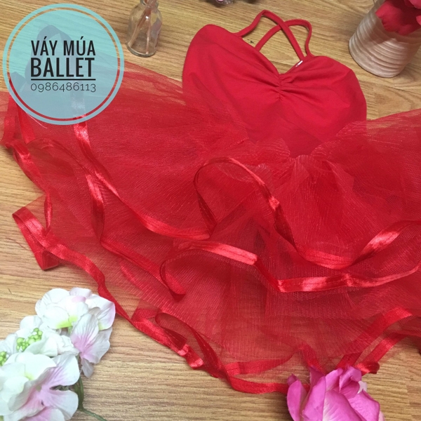 Váy múa 2 dây 3 tầng màu đỏ