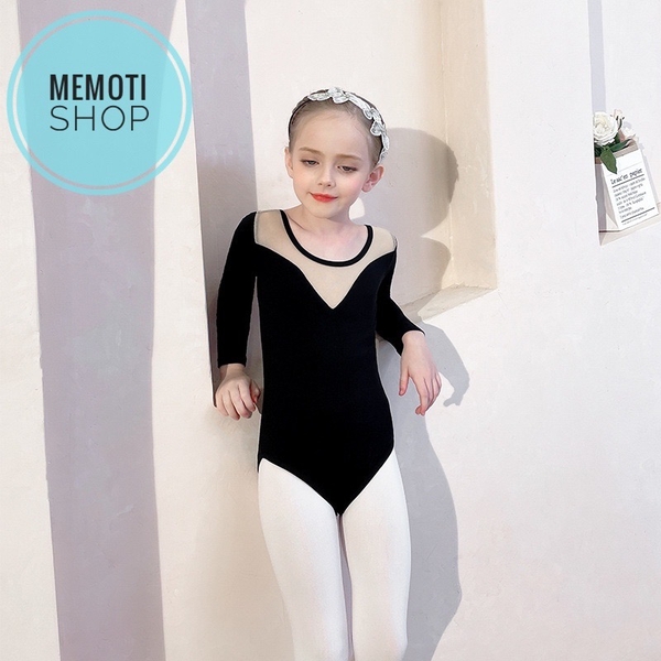 Set áo váy múa V lưng bi đen dài tay