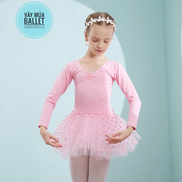 Váy múa basic chân váy chấm bi dài tay (đen, hồng, tím)