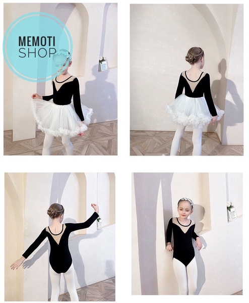 Set áo váy múa V lưng tutu dài tay (đen, ghi)