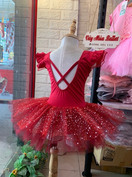 Váy múa tay tiên đỏ đô nhũ lấp lánh