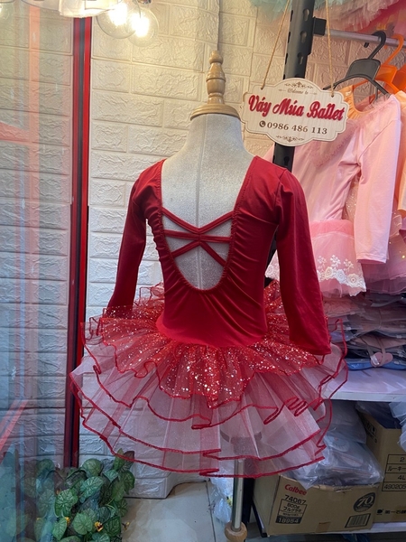 Váy múa đan lưng lấp lánh đỏ đô dài tay