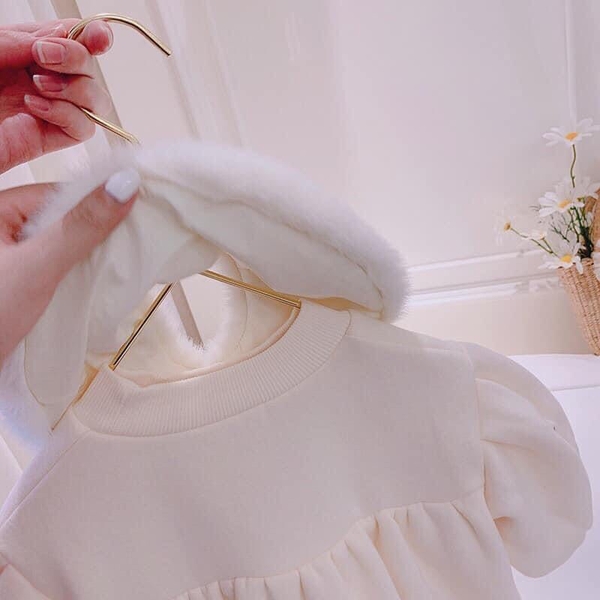 Áo váy nỉ cổ lông tay bồng thêu hồng