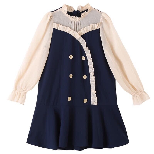 Váy khuy phối voan cho bé lớn xanh coban