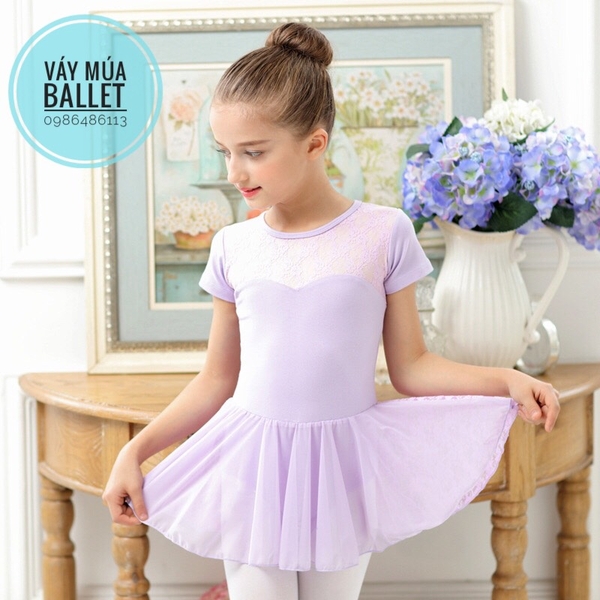 Váy tập múa ren phối voan tay ngắn (nhiều màu)
