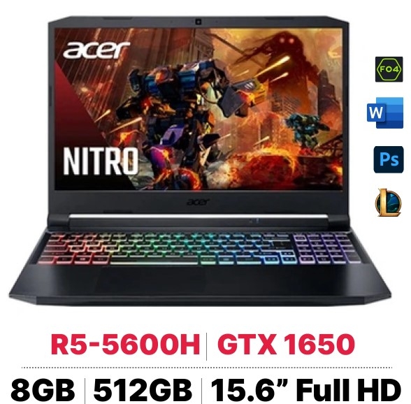 NB Acer Nitro 5 AN515-45-R6EV (NH.QBMSV.006) AMD R5-5600H/8GB RAM/512GB SSD/GFGTX1650-4GB/15.6FHD/IPS/144Hz/WC/Win11H/Đen