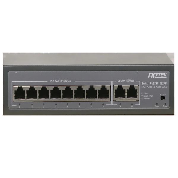 Switch PoE APTEK SF1082P (8 cổng PoE 100Mbps, 2 uplink Gigabit, 120W)
