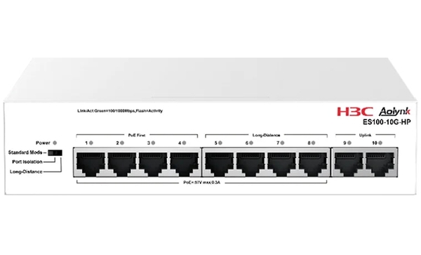 Switch PoE H3C Aolynk ES100-10G-HP (8 cổng PoE+ + 2 cổng Gigabit Uplink, 120W)