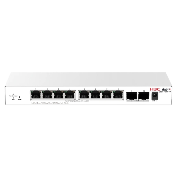 Switch PoE H3C Aolynk US210-8G2MF-HP (8 cổng Gigabit PoE+ + 2 cổng SFP 2.5G, 130W)