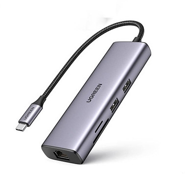 Bộ chuyển đổi USB C sang 2 USB 3.0 + HDMI + RJ45 + SD &TF màu xám Ugreen (20954)