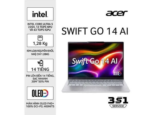 Laptop Acer Swift Go 14 AI SFG14-74-58FJ NX.JF8SV.005 (Ultra 5 225H | 16GB | 1TB | Intel® Arc™ 130T | 14 inch FHD+ OLED | Win 11 | Bạc)
