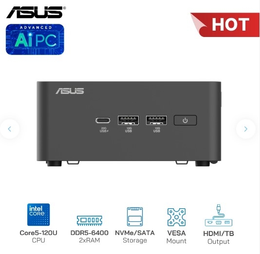 Mini PC Asus NUC 15 Pro Tall BNUC15CRHI500000 (Core 5 120U/ NoOS/ 3Y)