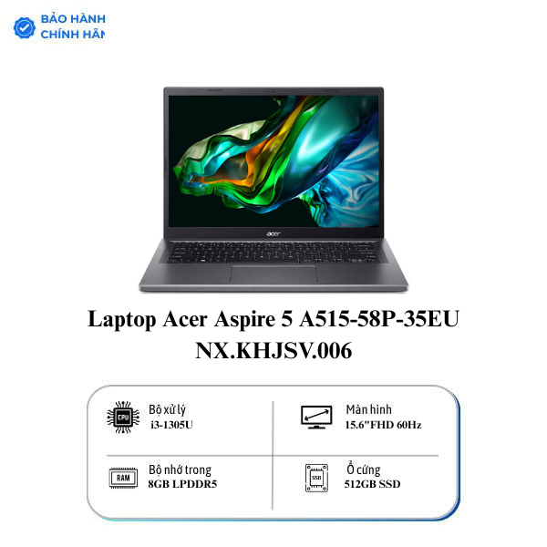 Laptop Acer Aspire 5 A515-58P-35EU NX.KHJSV.006 (Intel Core i3-1305U | 8GB | 512GB | Intel UHD | 15.6 inch FHD | Win 11 | Xám)
