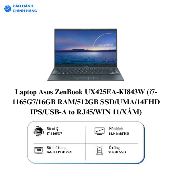 Laptop Asus ZenBook UX425EA-KI843W (i7-1165G7/16GB RAM/512GB SSD/UMA/14FHD IPS/USB-A to RJ45/WIN 11/XÁM)