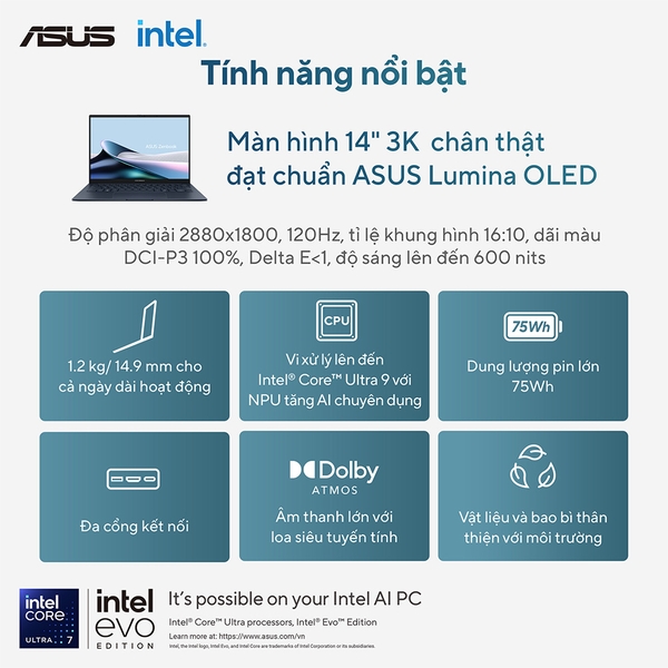 Laptop Asus Zenbook 14 UX3405CA-PZ187WS (16GB | 512GB | Intel Arc | 14 inch 3K OLED | Win 11 | Office | Xanh | Pen)