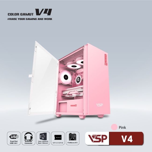 Vỏ Case máy tính VSP V4 - Trắng Hồng Xanh không FAN
