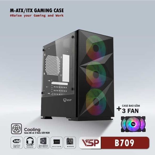 Thùng máy Case VSP Gaming Mid Tower B709 Đen + 3 FAN LED