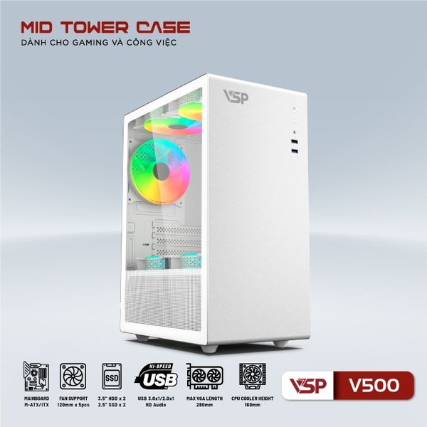 Vỏ Case máy tính VSP V500 - Trắng không FAN