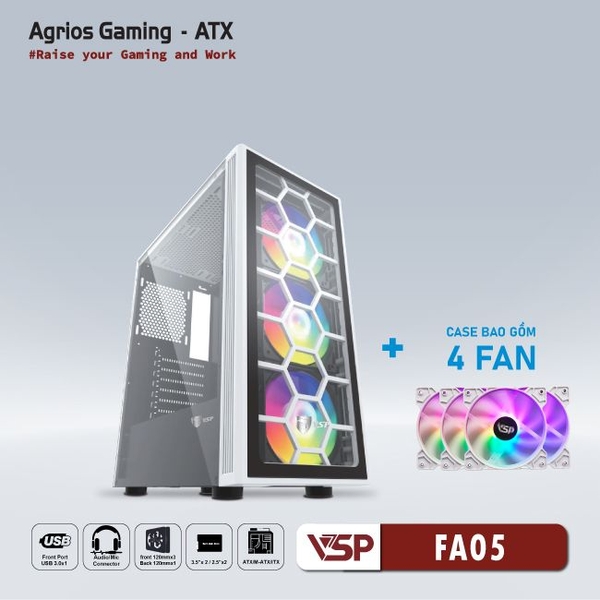 Vỏ Case Máy Tính VSP Gaming FA05 - Trắng + 4Fans Led