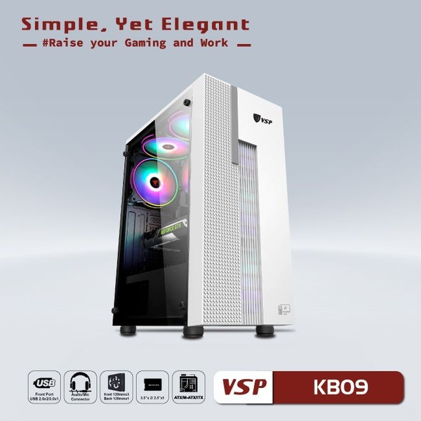 Thùng máy Case VSP Esport Gaming KB09 | Trắng, Không Fan