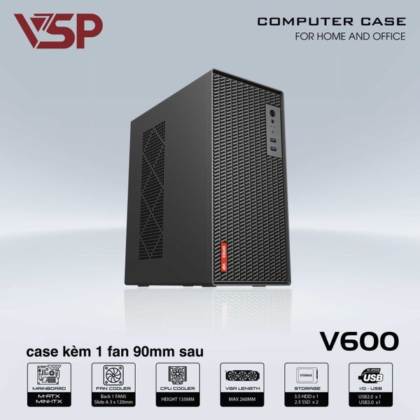 Case Văn Phòng V600 - Đen sẵn 1 FAN