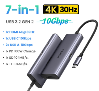 Hub USB Type-C 7 trong 1 ra HDMI 4K@30Hz, USB Type-C, USB-A 3.2, SD/TF, Sạc PD 100W Ugreen 15531