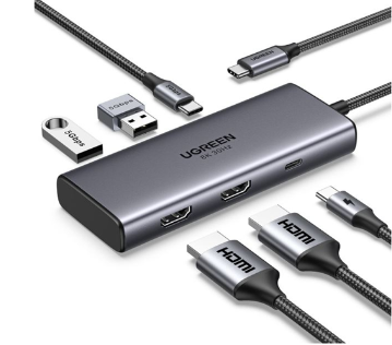 Hub USB Type-C 6 trong 1 ra 2*HDMI 8K@30Hz, USB Type-C, USB-A 3.0, Sạc PD 100W Ugreen 15852