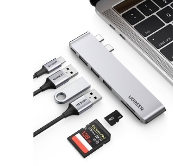 Ugreen 60560 macbook pro air 2 cổng USB Type C Bộ chuyển đổi sang 3x Hub USB 3.0 + SD/TF + nguồn PD màu xám bằng nhôm