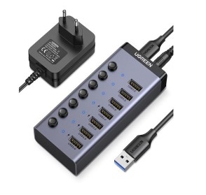 Bộ HUB chia 7 cổng USB 3.0 tốc độ 5Gbps vỏ nhôm, công tắc Ugreen 90307 (kèm nguồn 12V2A-EU) cao cấp