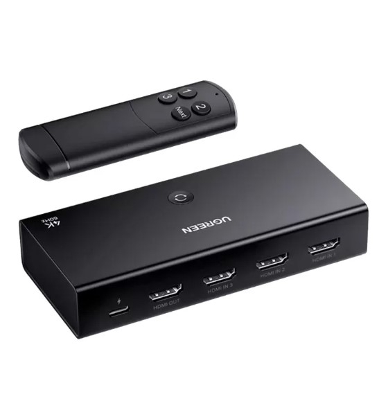 Ugreen 90800 4K60Hz Bộ gộp HDMI 2.0 3 vào 1 ra kèm cáp cấp nguồn USB-C dài 1M + remote cm598 20090800