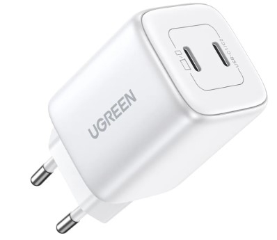 Ugreen 15327 45W 2C GaN chuẩn cắm EU chân tròn Màu Trắng Củ sạc nhanh 2 cổng USB-C