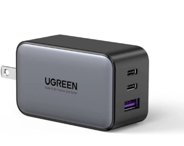 Ugreen 10334 65W 3Port Màu Đen Bộ sạc nhanh PD3.0 GaN sạc siêu nhanh 2 cổng USB-C và 1 Cổng USB-A chân cắm US