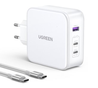 Ugreen 15339 140W 2c1a GaN Nexode kèm cáp USB-C dài 1.5M Bộ sạc nhanh 2 x USB-C + 1 x USB-A Màu Trắng
