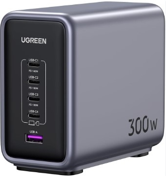 Ugreen 90903B 300w 4c1a Nexode 4 cổng USB type C và 1 USB-A Sạc bàn công nghệ GaN pro màu ghi xám kèm cáp nguồn Eu + cáp usb-c