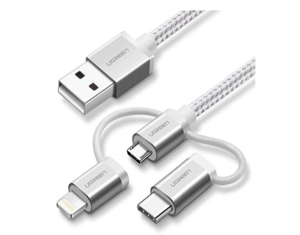 Cáp sạc, dữ liệu 3 trong 1 USB Micro/Type-C/Lightning dài 1,5M Ugreen 50203 (Màu bạc)