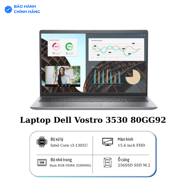 Laptop Dell Vostro 3530 80GG92 (Intel Core i3-1305U | 8GB | 256GB | Intel UHD | 15.6 inch FHD | Win 11 | Office | Xám)