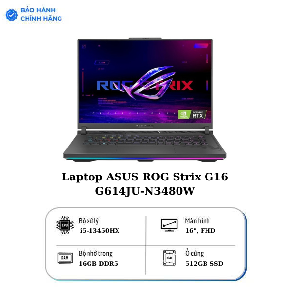 Laptop ASUS ROG Strix G16 G614JU-N3480W (Intel Core i5-13450HX | RTX 4050 6GB | 16 inch FHD + 165Hz | 16GB | 512GB | Win 11 | Xám)