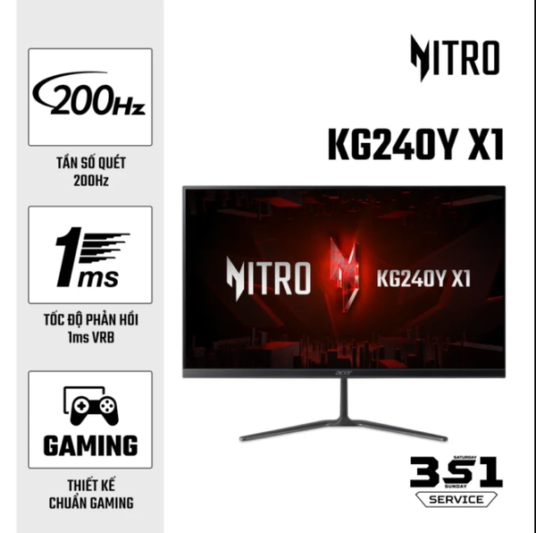 Màn Hình ACER Nitro KG240Y X1 23.8INCH/1920X1080@200Hz/2HDMI/DP/LED/IPS/SPK/ĐEN